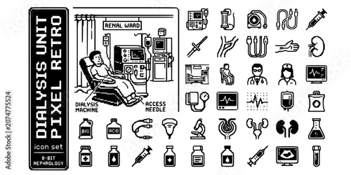 Obraz na płótnie Retro Dialysis Unit Pixel Art Black White-Machine Sprite Needle Ward Display-Ret