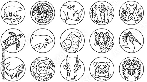 Photography Black and White Line Art Icons of Endangered Animals in Circles