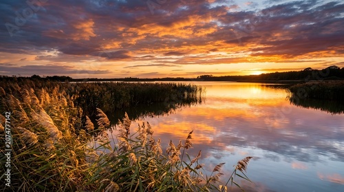 Reed beds at sunset, golden light on water, dramatic sky reflection, no people

