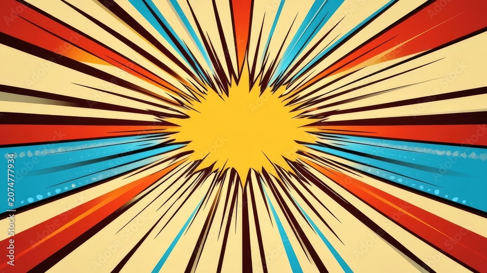 Fototapeta premium Retro comic book style background featuring explosive sunburst rays and vibrant colored burst elements for graphic design projects.