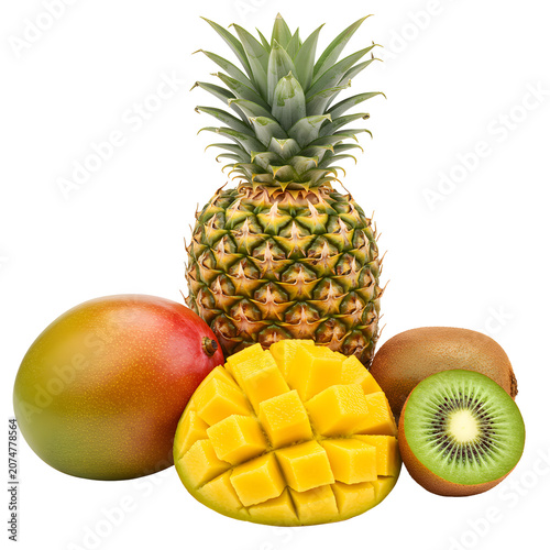 Fresh pineapple mango and kiwi isolated on white background