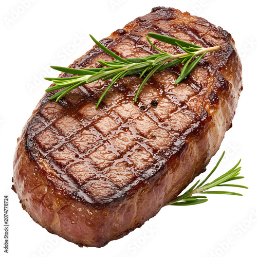 Juicy grilled beef steak with fresh rosemary on white background
