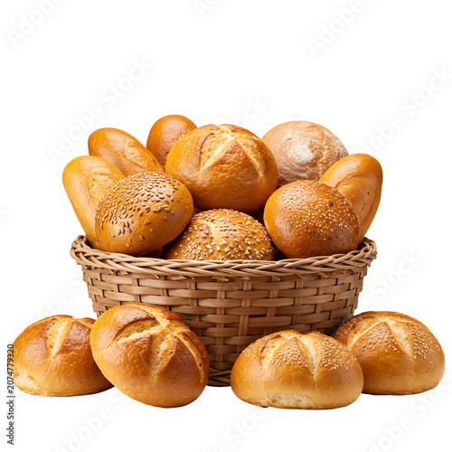 Assorted fresh bread rolls in a wicker basket on white background