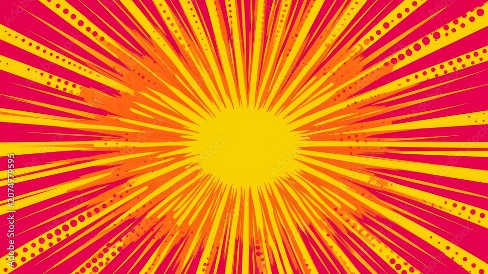 Fototapeta premium Vibrant comic book style sunburst background with yellow and red radial pattern graphic illustration for modern design projects.