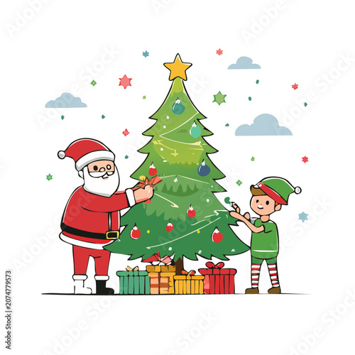 Santa Claus and Elf Decorating Christmas Tree