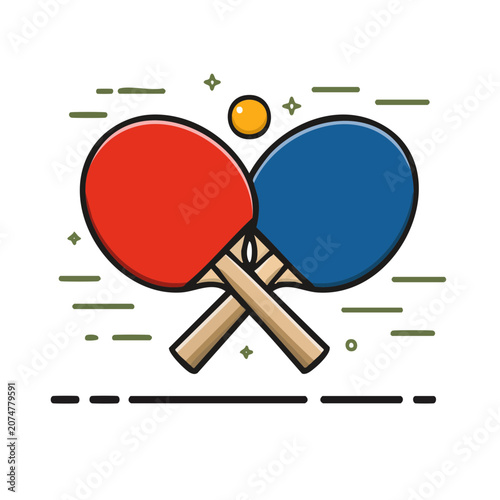 Table Tennis Paddles and Ball Flat Vector Illustration