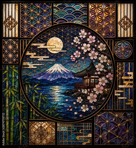 Japanese Kumiko Stained Glass Art Featuring Mount Fuji, Sakura and Traditional Woodwork Patterns, Generative AI