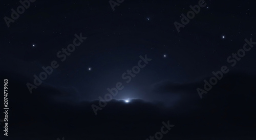 Celestial Glow Illuminating Dark Clouds Under a Vast Star filled Night Sky