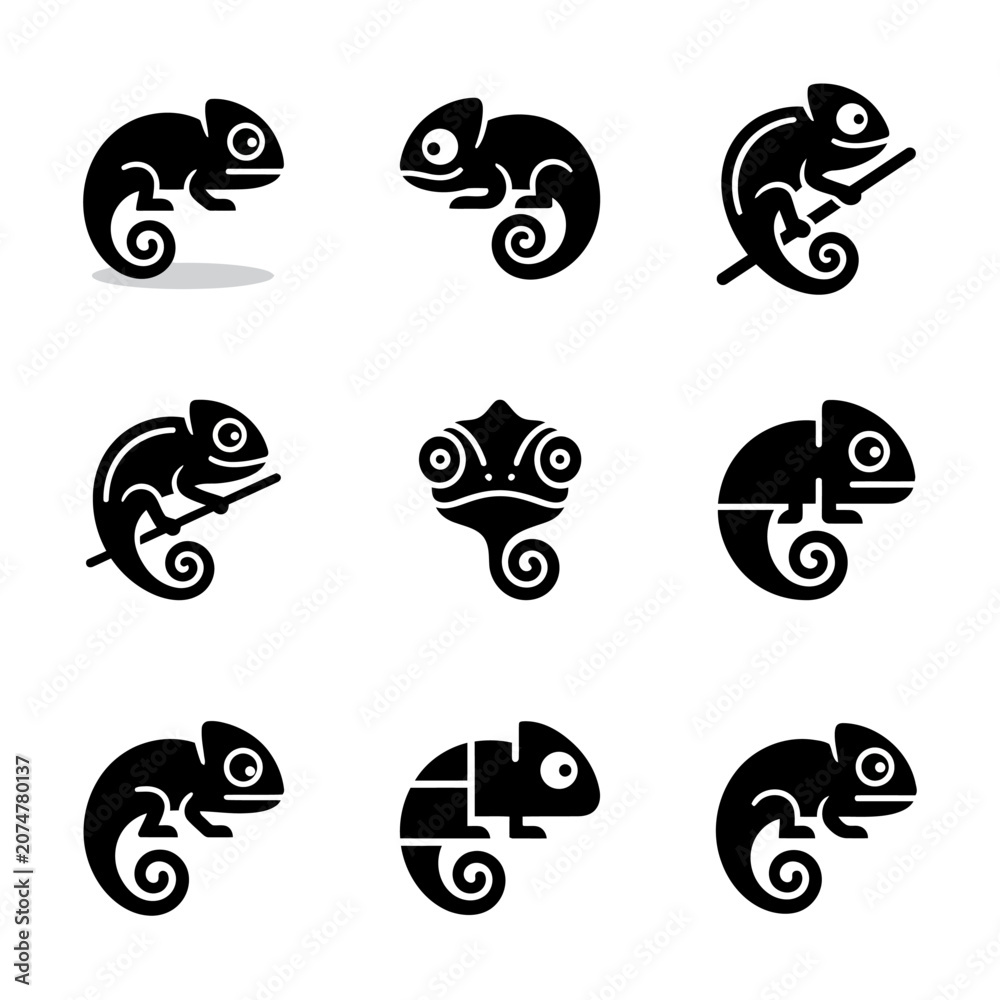 Fototapeta premium Black Chameleon Silhouette Icons Set.