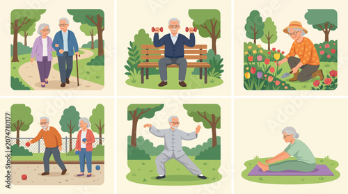 Set of illustrations depicting active senior citizens engaged in various outdoor leisure and exercise activities in a park.