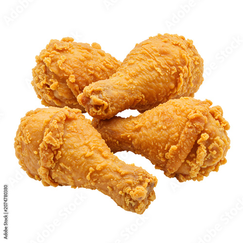 Crispy golden fried chicken drumsticks isolated on white background