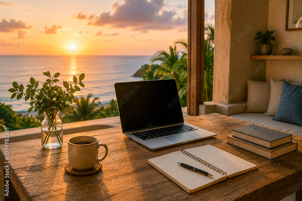 Fototapeta premium Ocean View Home Office At Sunset