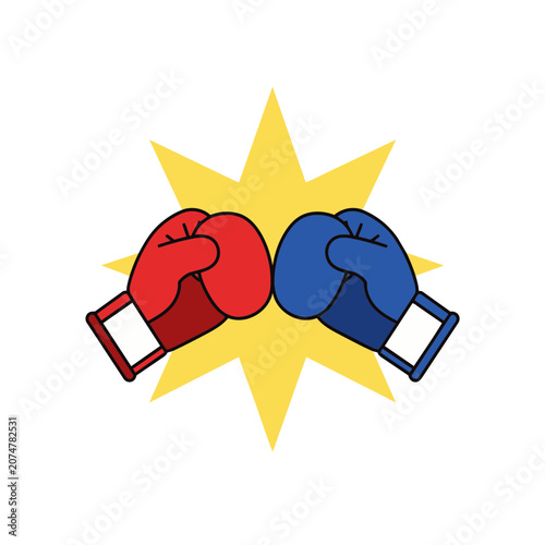 Red and Blue Boxing Gloves Colliding with Starburst