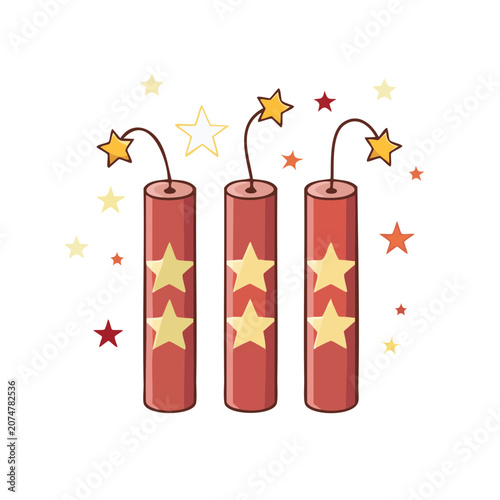 Red Firecrackers with Stars and Fuses Vector Illustration