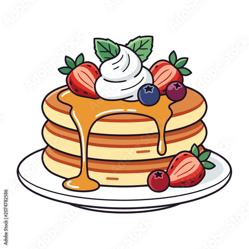 Stack of pancakes with syrup, whipped cream, and berries