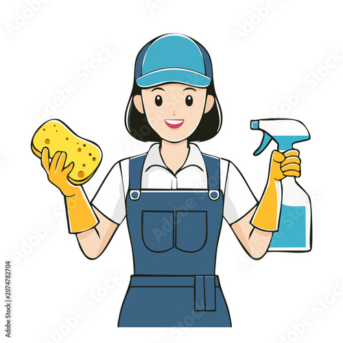 Cartoon female cleaner with sponge and spray bottle