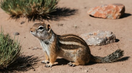Ground squirrel with striped fur sits on dry desert ground. Small rodent looks alertly to the side near sparse green desert plants and rocks. Wildlife animal in natural habitat.