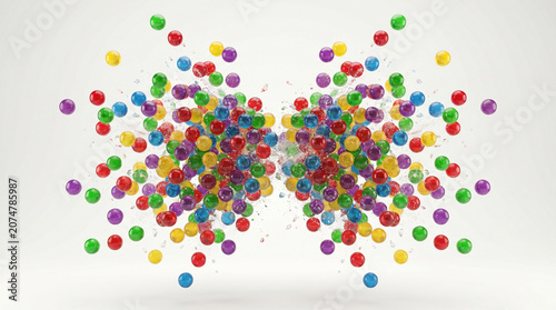 Two Exploding Colorful Ball Clusters Facing Each Other on White Background, Dynamic Energy Diversity Celebration 3D Concept Design
