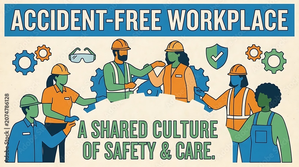 Obraz premium Diverse Construction Workers Collaborating for Accident-Free Workplace with Safety Culture and Care