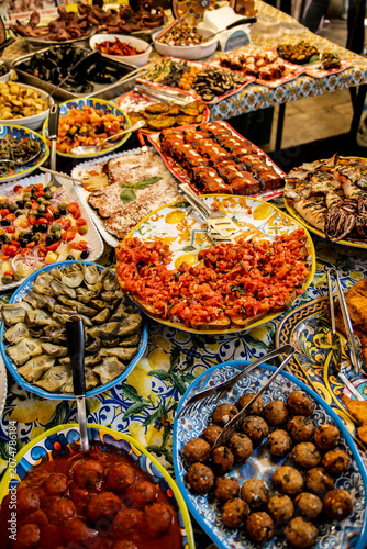 Fried Sicilian street food on display, Palermo market