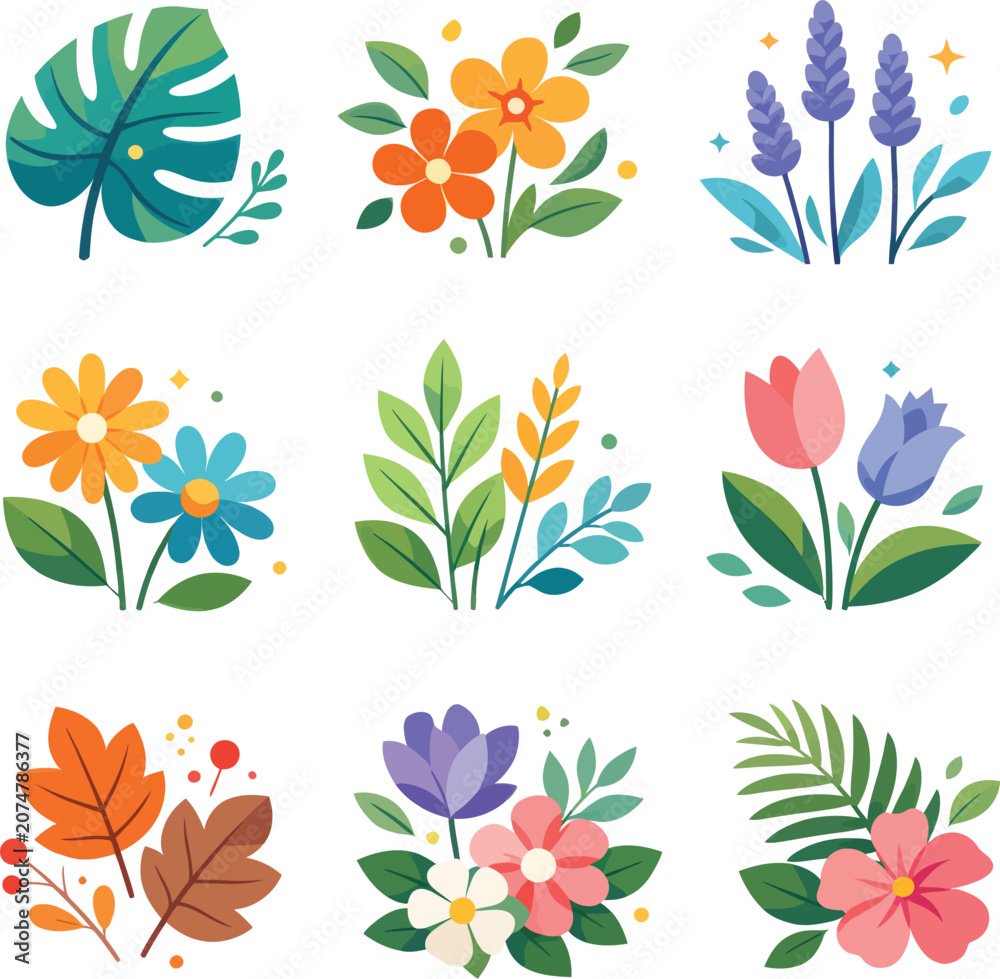 Obraz premium Floral Vector Icon Set Featuring Flowers, Tropical Leaves, Tulips and Botanical Elements