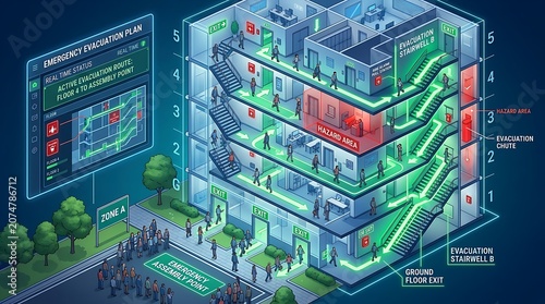 Multi-level building emergency evacuation plan with illuminated routes and people exiting to safety, illustrating disaster preparedness and safety ...