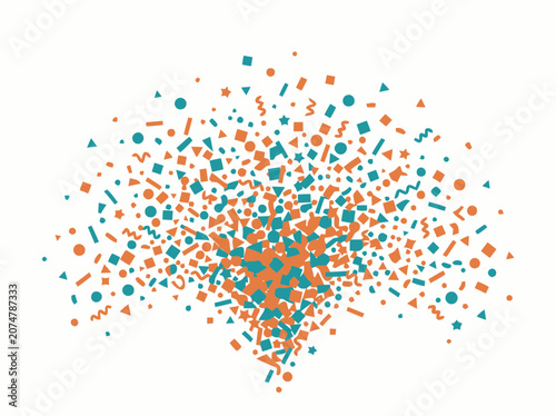 Explosion of Teal and Orange Confetti Shapes on White Background, Abstract Celebration