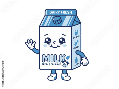 Cute Milk Carton Character Waving Hello, Dairy Fresh Cartoon Illustration
