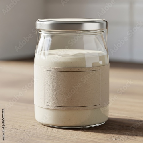 A clear glass jar filled with a creamy white substance, possibly yogurt or a dairy product, sits on a wooden surface.