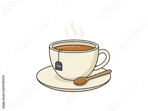 Steaming Cup of Tea with Tea Bag and Spoon on Saucer, Isolated