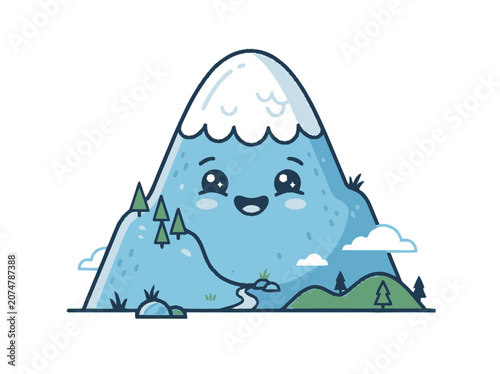 Cute Kawaii Mountain Character with Snow Peak and River, Smiling Face