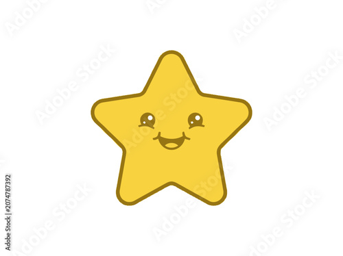 Cute Yellow Star Character with Smiling Face and Big Eyes, Isolated on White Background