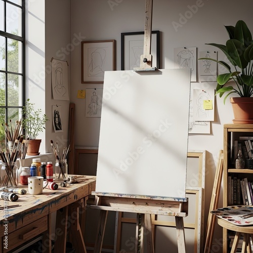 Artists studio with easel and art supplies bathed in natural light.