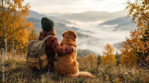Traveler on grass with fluffy dog