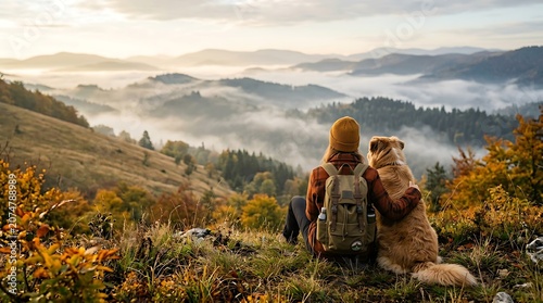 Woman and dog looking at foggy valley