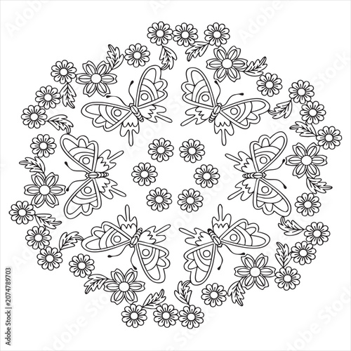Black and white butterfly and flower mandala pattern isolated on white background, Vector, illustration