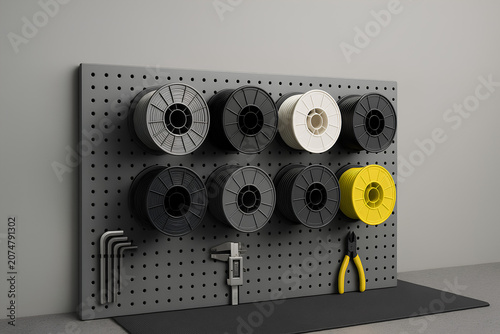 3D Printer Filament Spools and Tools Organized on a Pegboard
