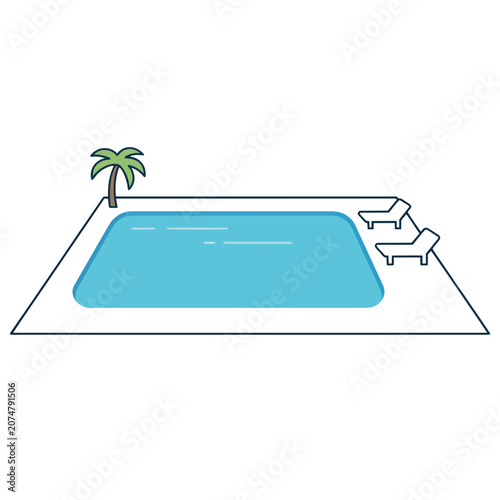 Flat vector illustration of a swimming pool with lounge chairs and