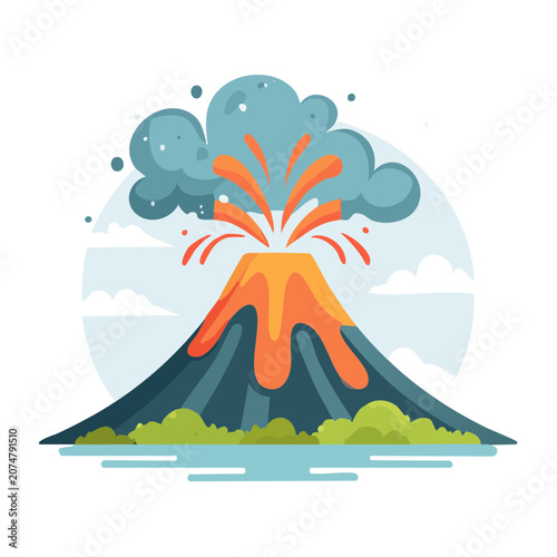 Flat vector illustration of erupting volcano with lava and smoke