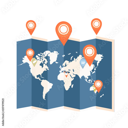 Folded world map with orange location pins vector illustration