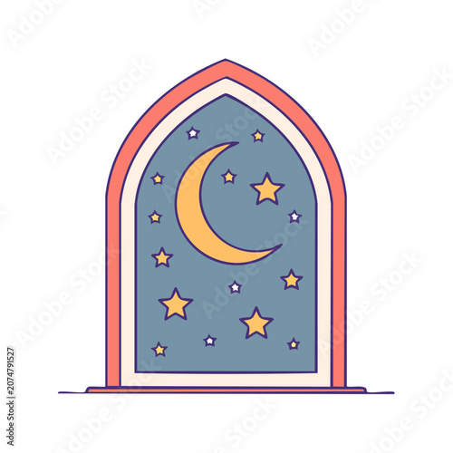 Gothic stained glass window with moon and stars