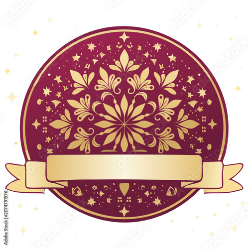 Ornamental burgundy and gold floral badge with ribbon banner