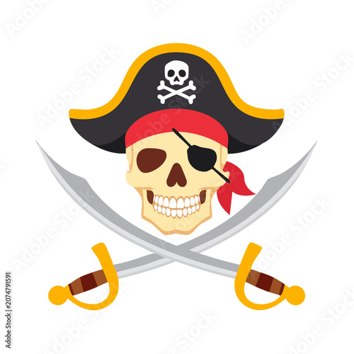 Pirate skull with crossed swords and hat vector illustration