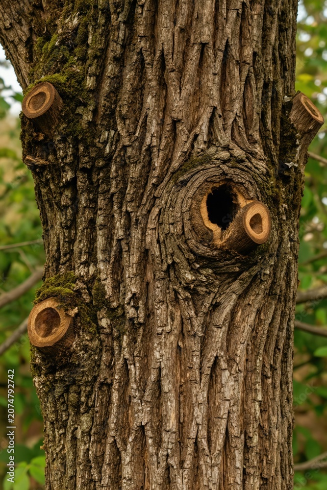 Obraz premium Closeup of a thick walnut tree trunk with rough textured bark covered in patches of green moss. Several small, cut branch stubs and a large knot hole create interesting details on the aged wood.