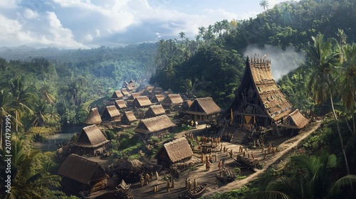 Authentic village landscape, complete with traditional houses and inhabitants, nestled amidst lush tropical vegetation
