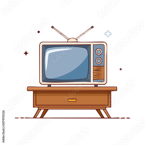 Vintage Television on Wooden Stand Flat Vector Illustration