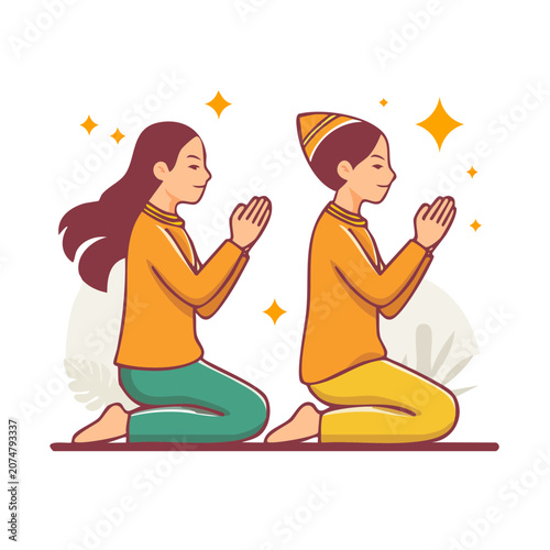 Two people kneeling and praying in flat vector style