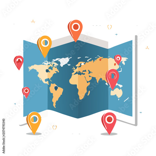 World map with colorful location pins vector illustration