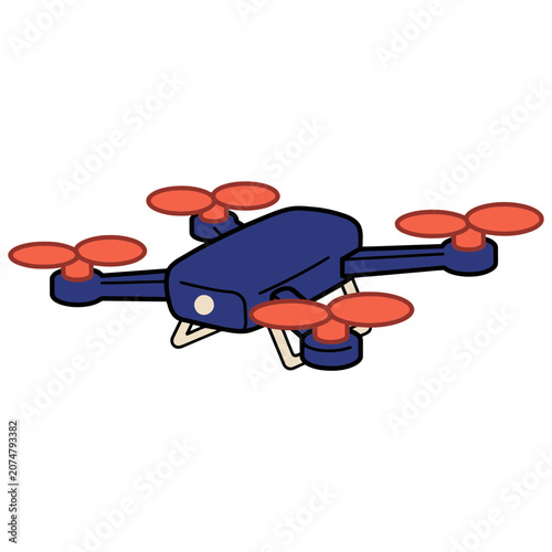 Blue quadcopter drone with orange propellers vector illustration