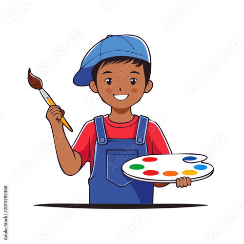 Cartoon boy holding paintbrush and palette